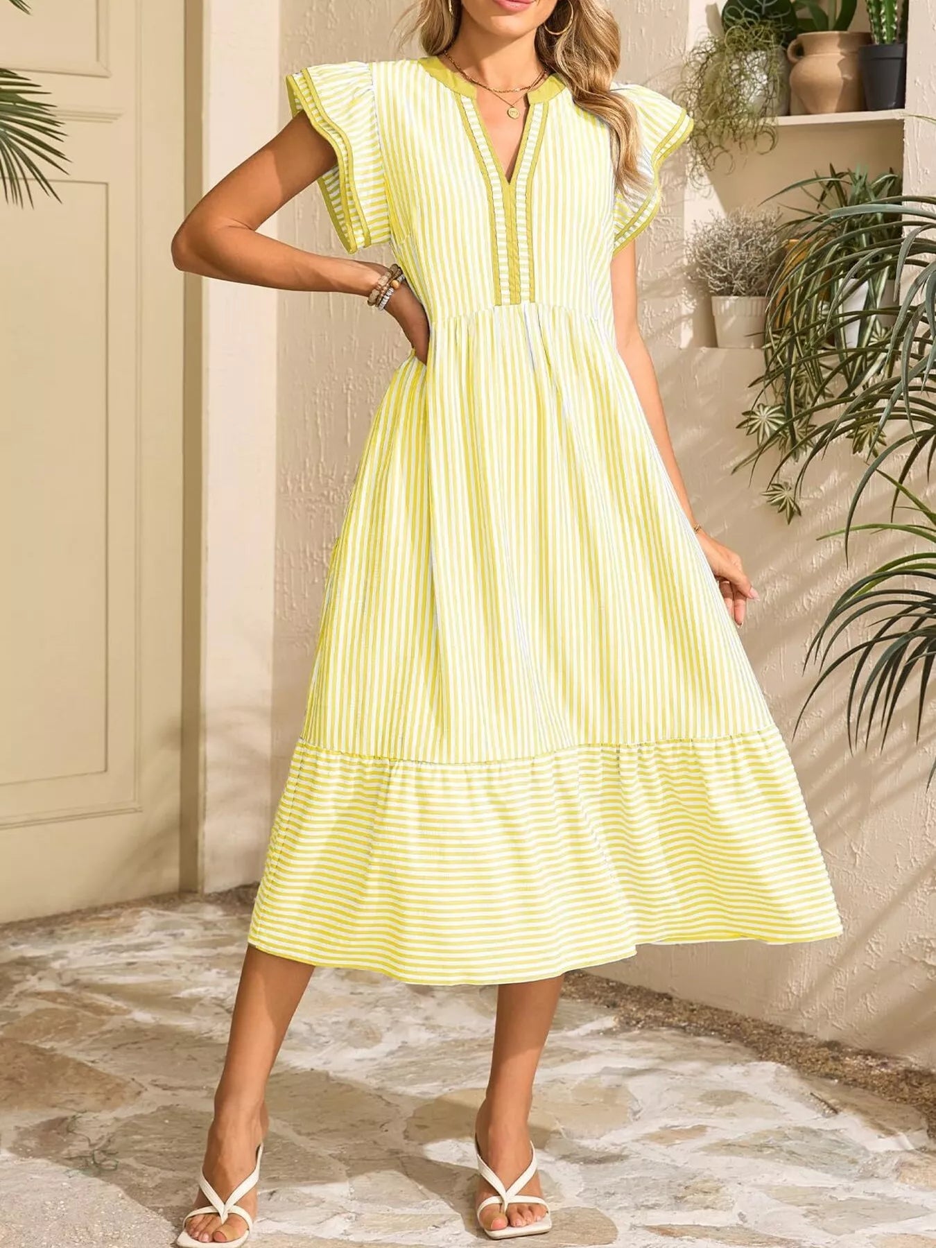Hazel Blues® |  Striped Notched Ruffle Sleeve Dress
