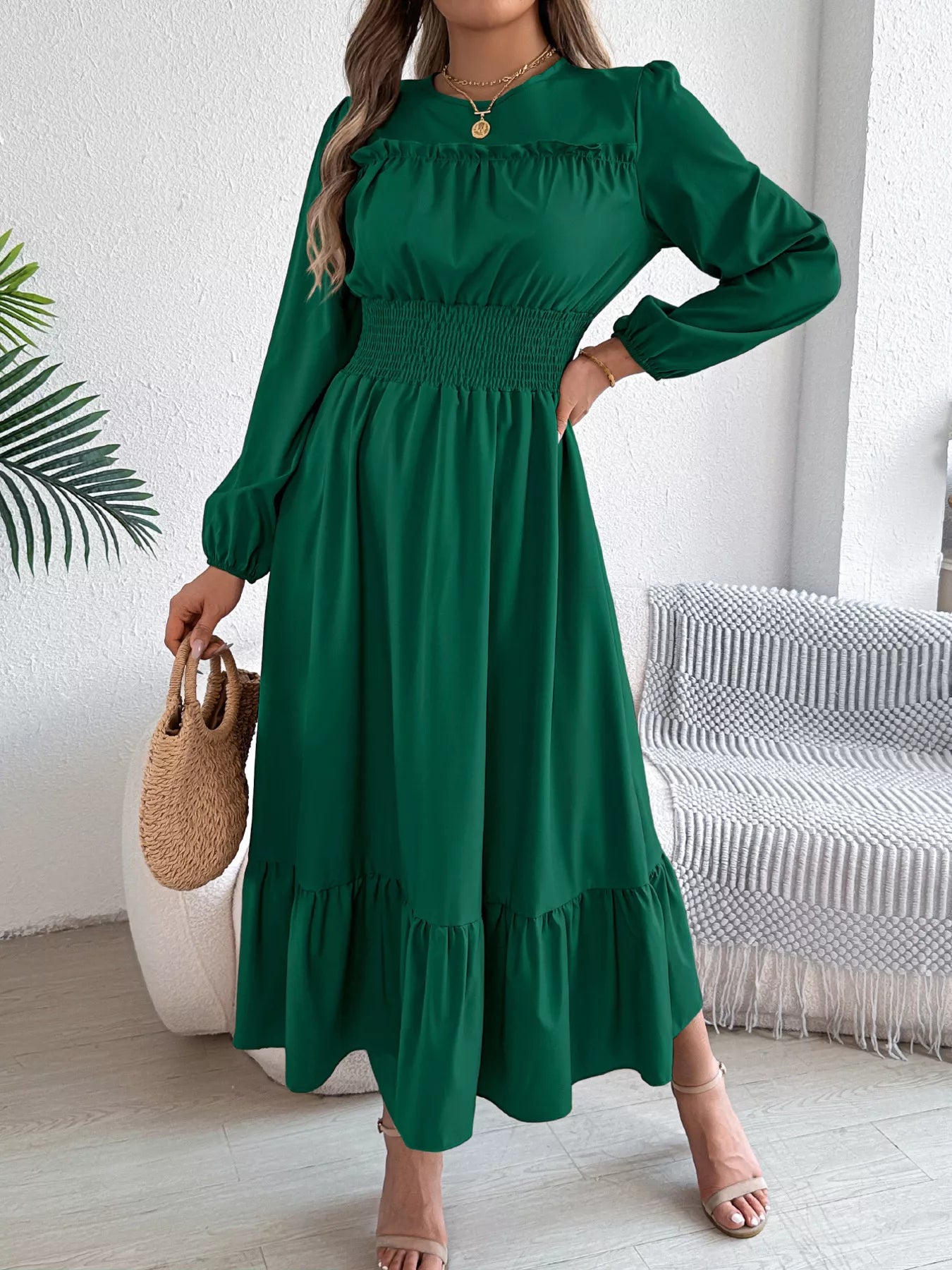 Hazel Blues® |  Round Neck Balloon Sleeve Tiered Dress