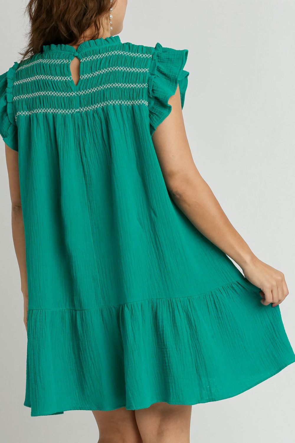 Hazel Blues® | Umgee Smocked Contrast Stitching Ruffle Cap Sleeve Round Neck Dress