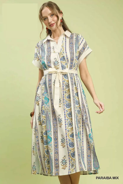 Hazel Blues® |  Umgee Vertical Print Tie Waist Midi Dress