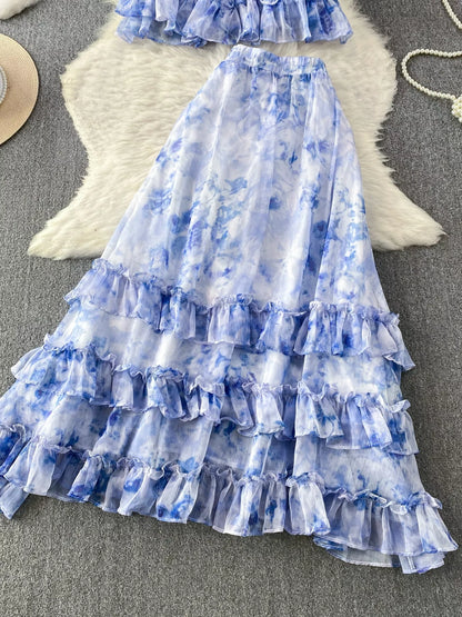 Hazel Blues® |  Floral Print Ruffle Hem Blouse and Skirt Set