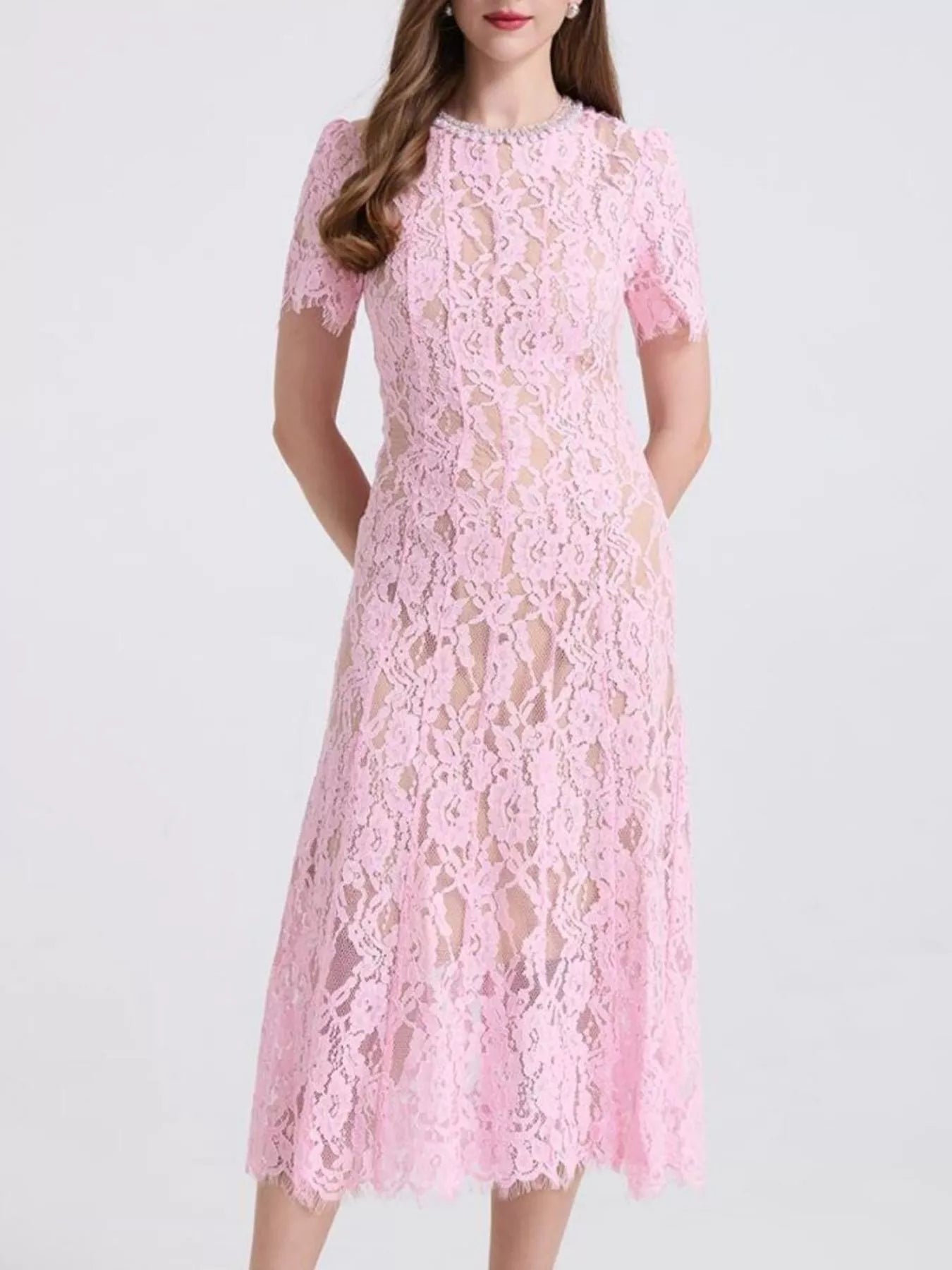 Hazel Blues® |  Lace Pearl Neckline Midi Dress