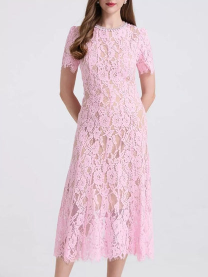 Hazel Blues® |  Lace Pearl Neckline Midi Dress