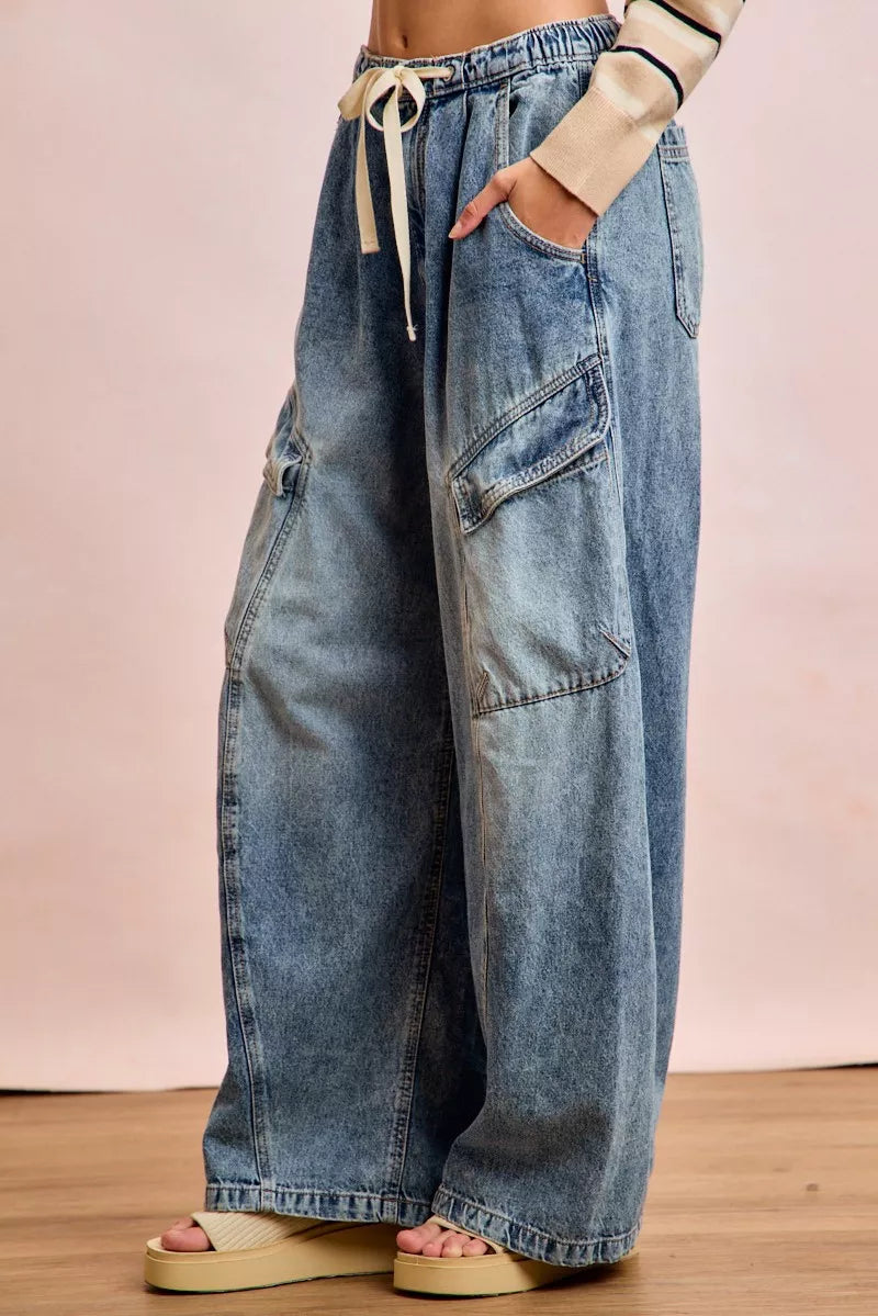 Hazel Blues® |  BiBi Baggy Barrel Jeans With Cargo Pockets