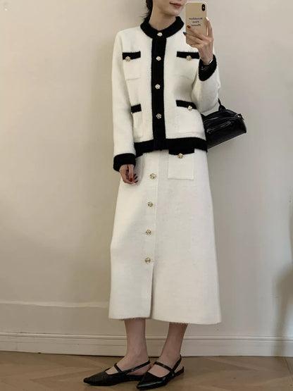 Hazel Blues® |  Contrast Trim Jacket and Skirts Sweater Set