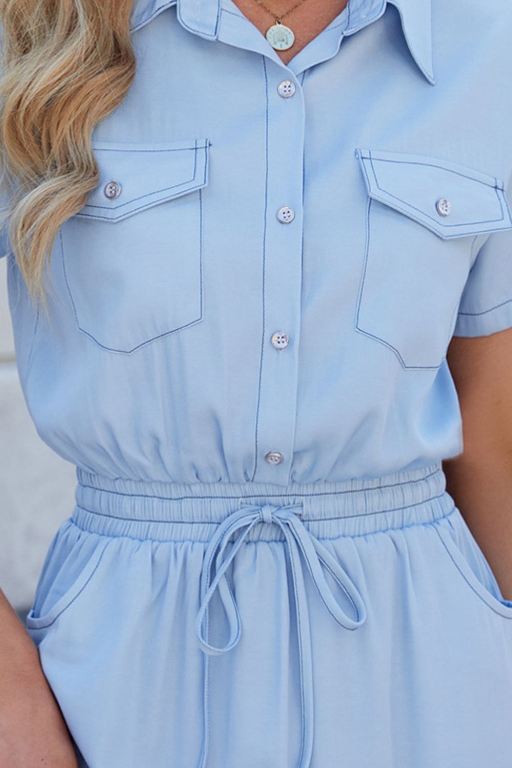 Hazel Blues® |  Drawstring Collared Neck Short Sleeve Denim Dress