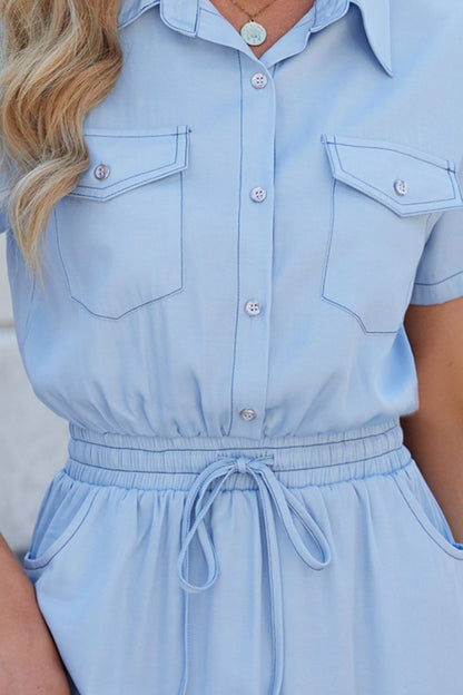 Hazel Blues® |  Drawstring Collared Neck Short Sleeve Denim Dress
