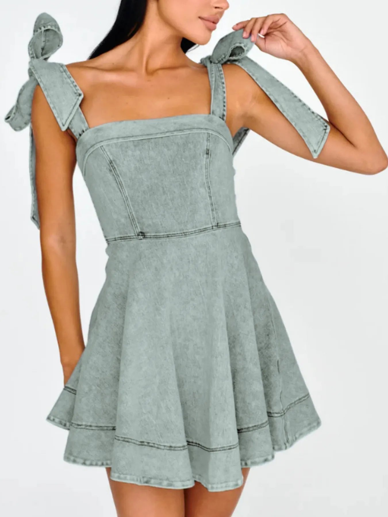 Hazel Blues® |  Bow-Shoulder Square Neck Denim Mini Dress