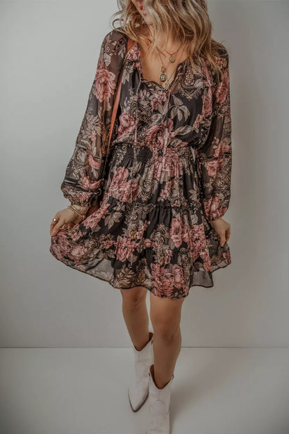 Hazel Blues® |  Floral Print Tie Neck Mini Dress