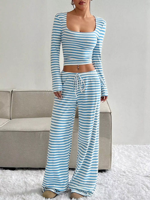 Hazel Blues® |  Striped Long Sleeve Crop Top & Wide Leg Pants Set