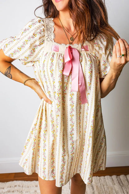 Hazel Blues® |  Multicolour Floral Print Contrast Ribbon Bow Lace Trim Square Neck Mini Dress