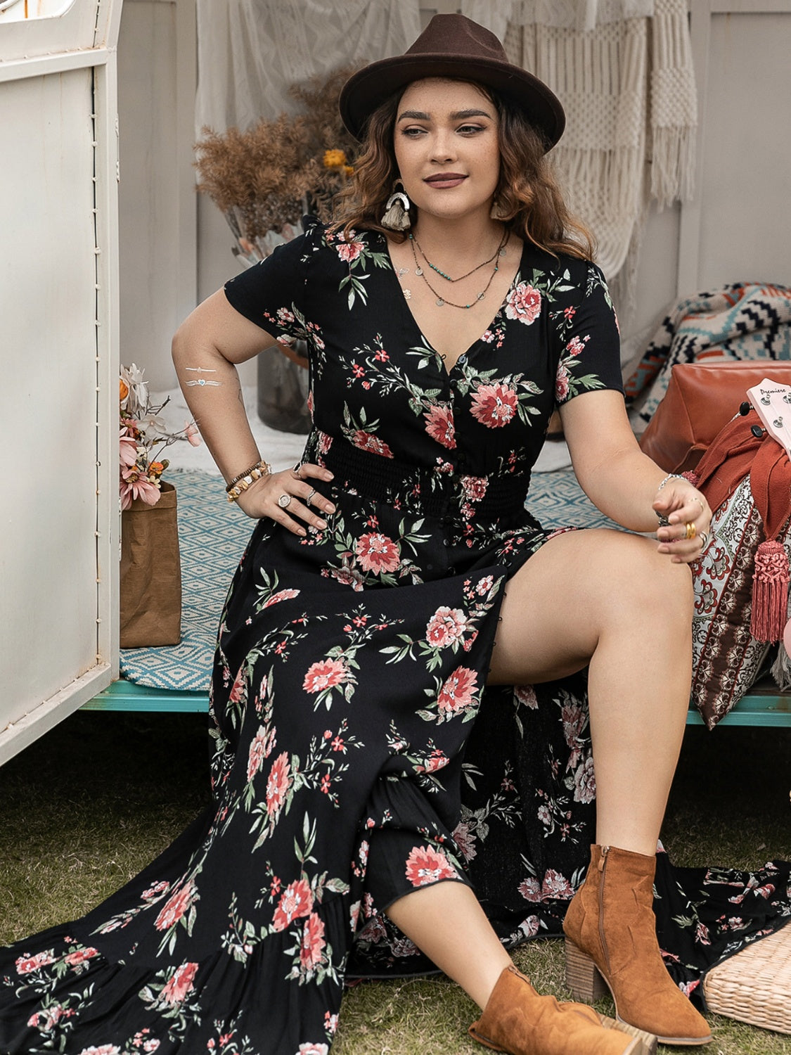 Hazel Blues® | Button Detail Printed V-Neck Short Sleeve Maxi Dress