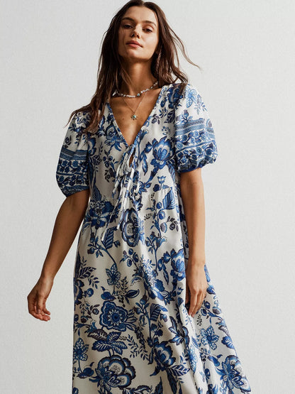 Hazel Blues® |  Floral Print Tie-Neck Puff Sleeve Maxi Dress