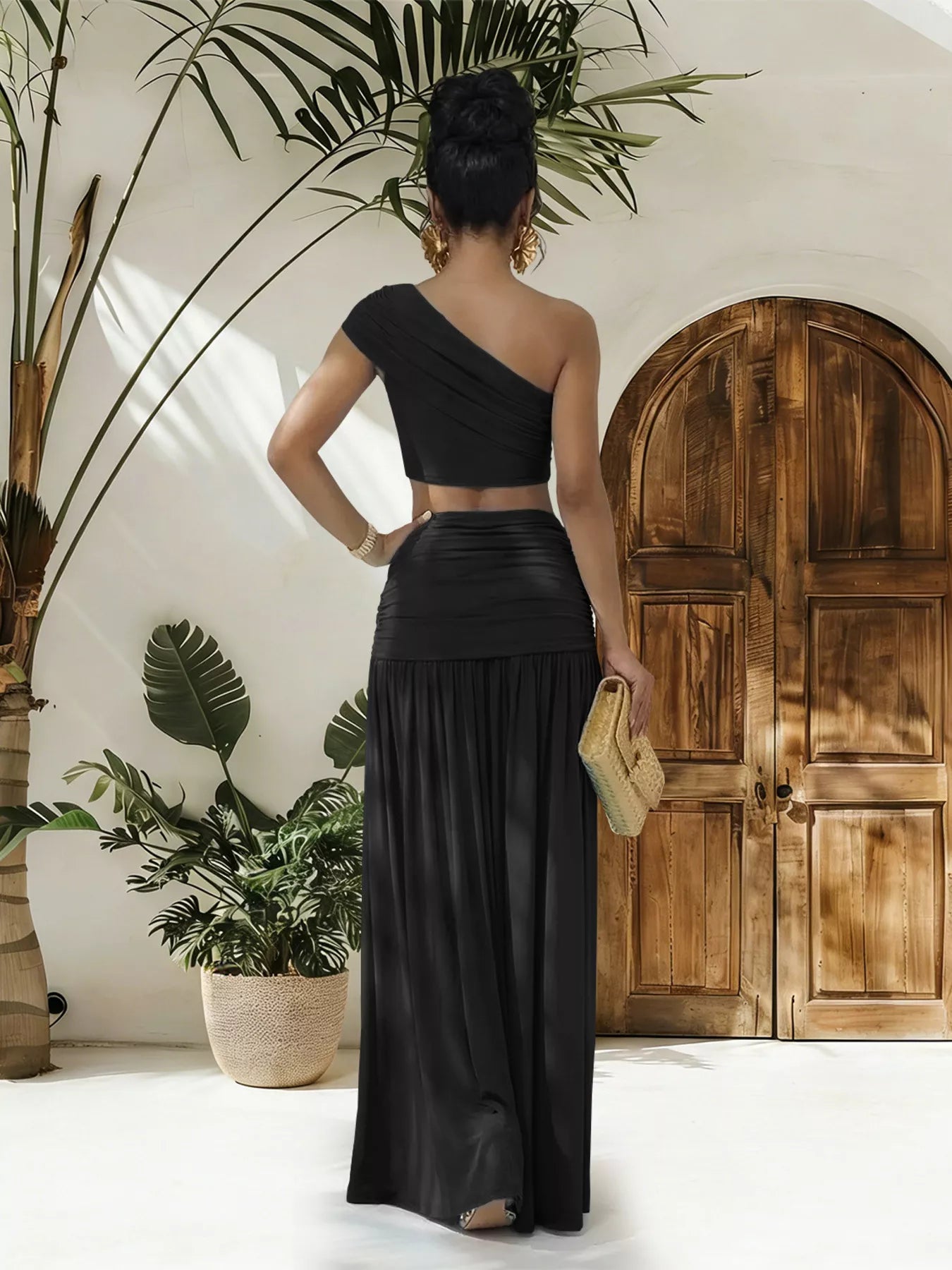 Hazel Blues® |  One-Shoulder Top and Ruched Maxi Skirt Set