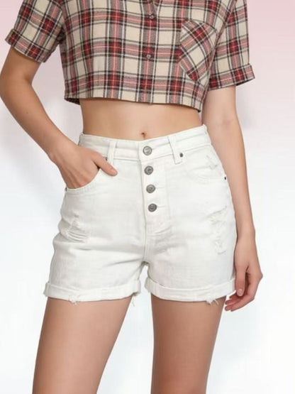 Hazel Blues® |  High-Waisted Button-Fly Distressed Denim Shorts