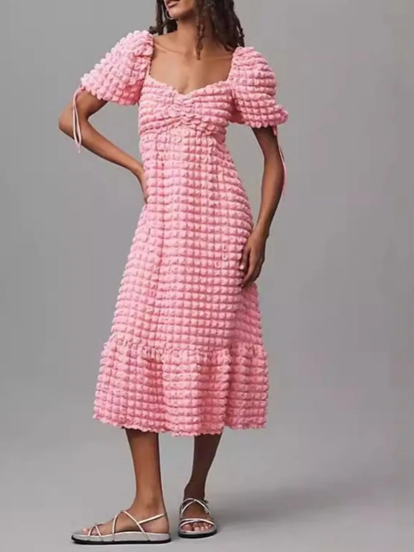 Hazel Blues® |  Textured Sweetheart Neck Short Sleeve Dress