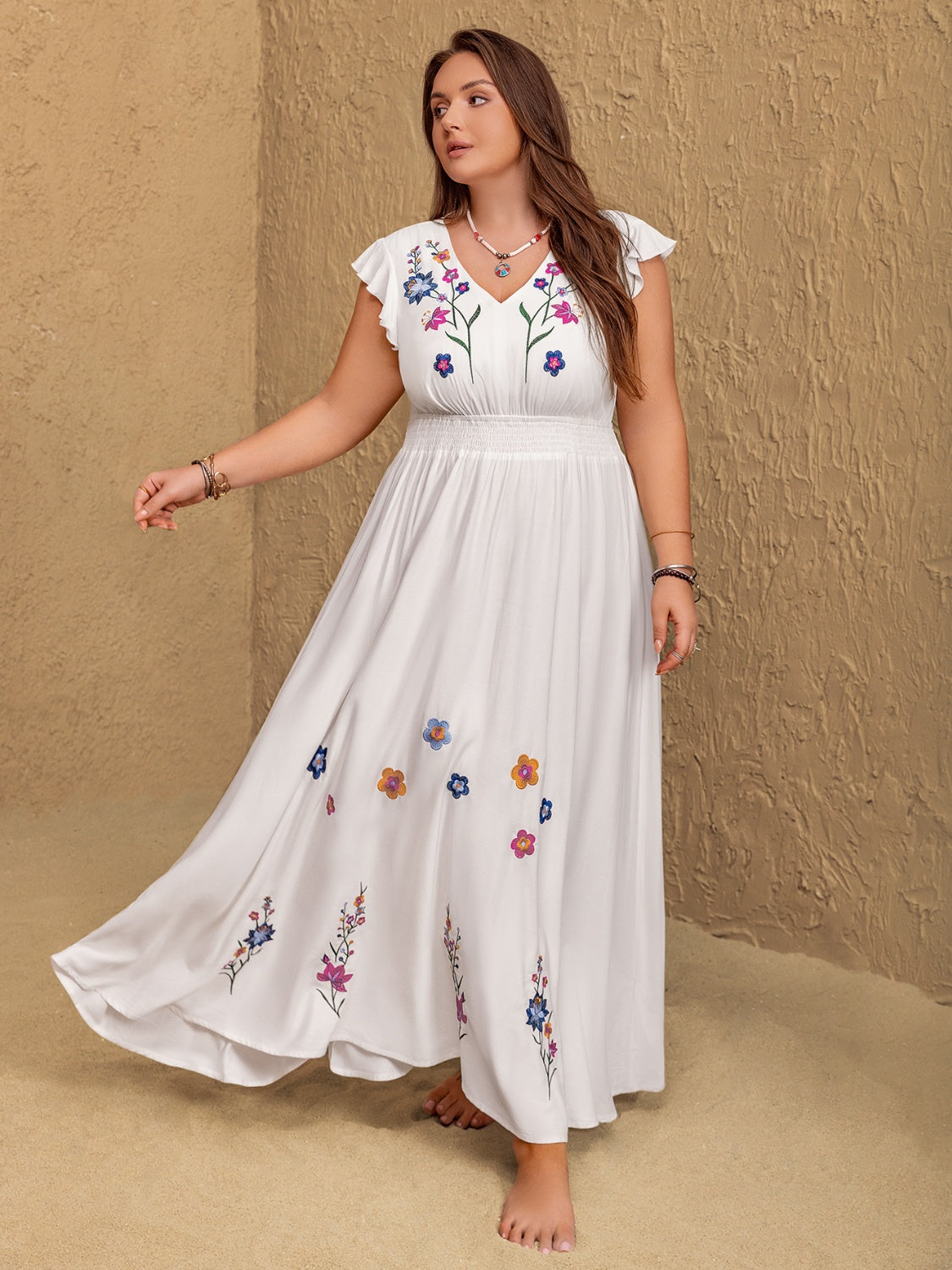Hazel Blues® | Embroidered Floral V-Neck Cap Sleeve Maxi Dress