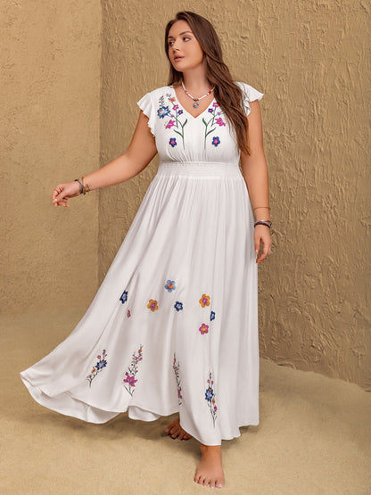 Hazel Blues® | Embroidered Floral V-Neck Cap Sleeve Maxi Dress