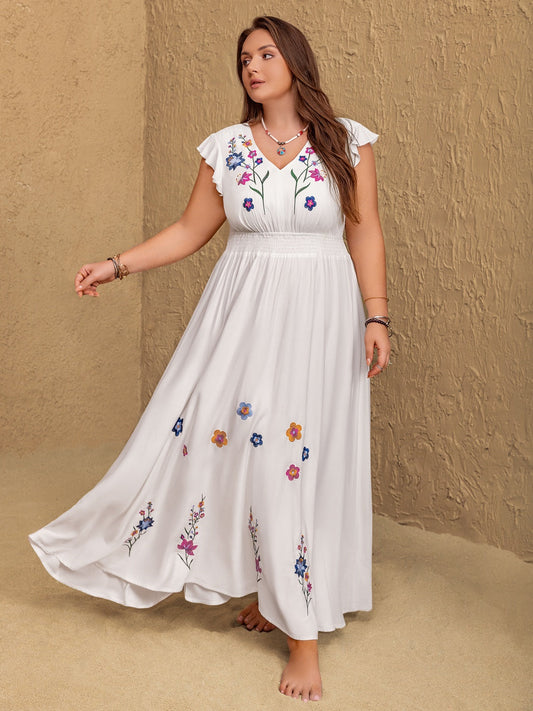 Hazel Blues® | Embroidered Floral V-Neck Cap Sleeve Maxi Dress