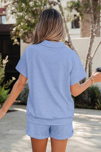 Hazel Blues® |  Light Grey Collared V Neck Tee Drawstring Elastic Waist Shorts 2pcs Outfit