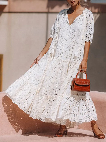 Hazel Blues® |  Tie Neck Half Sleeve Tiered Dress