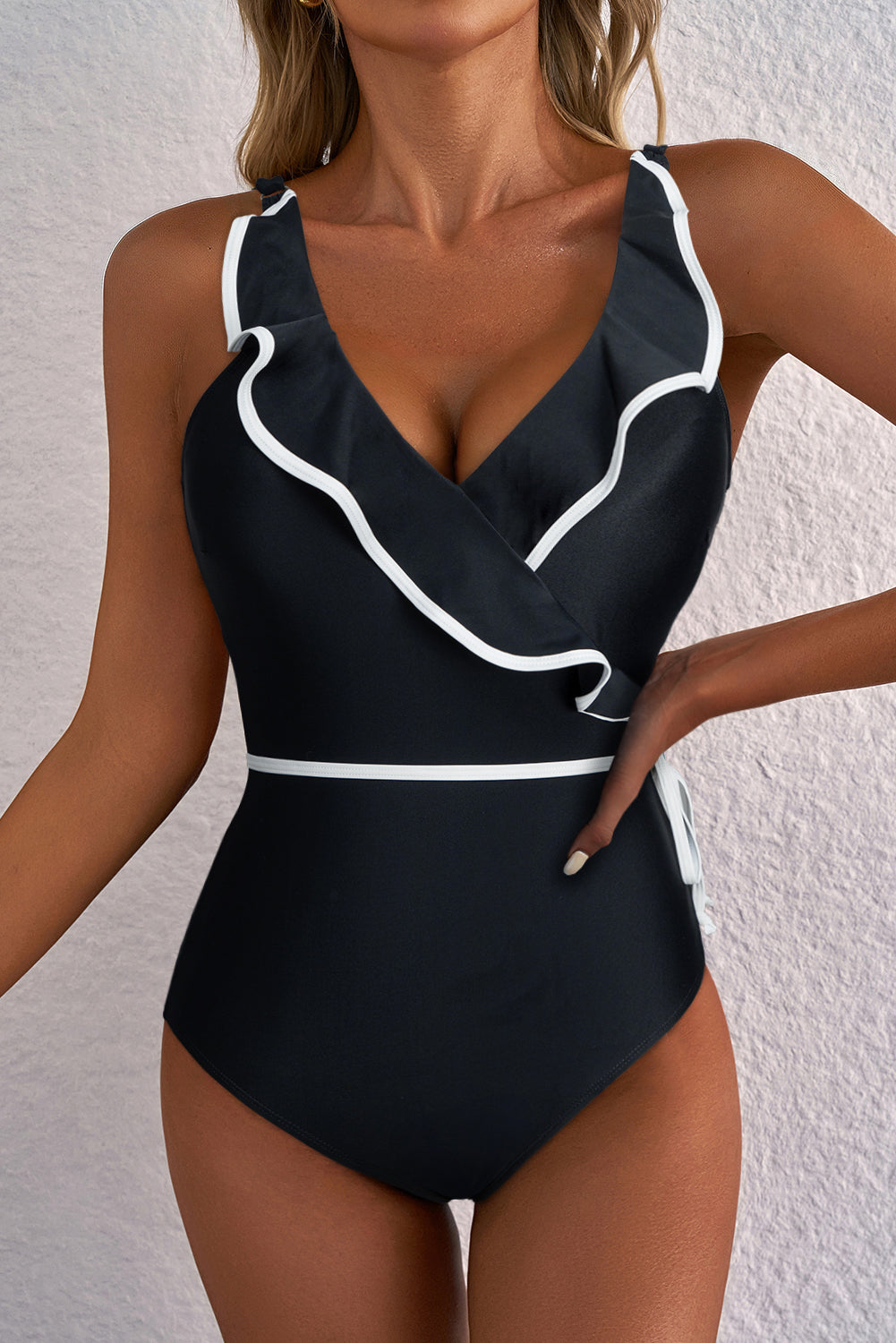 Hazel Blues® | Black Color Contrast Ruffled Wrap V Neck Swimsuit