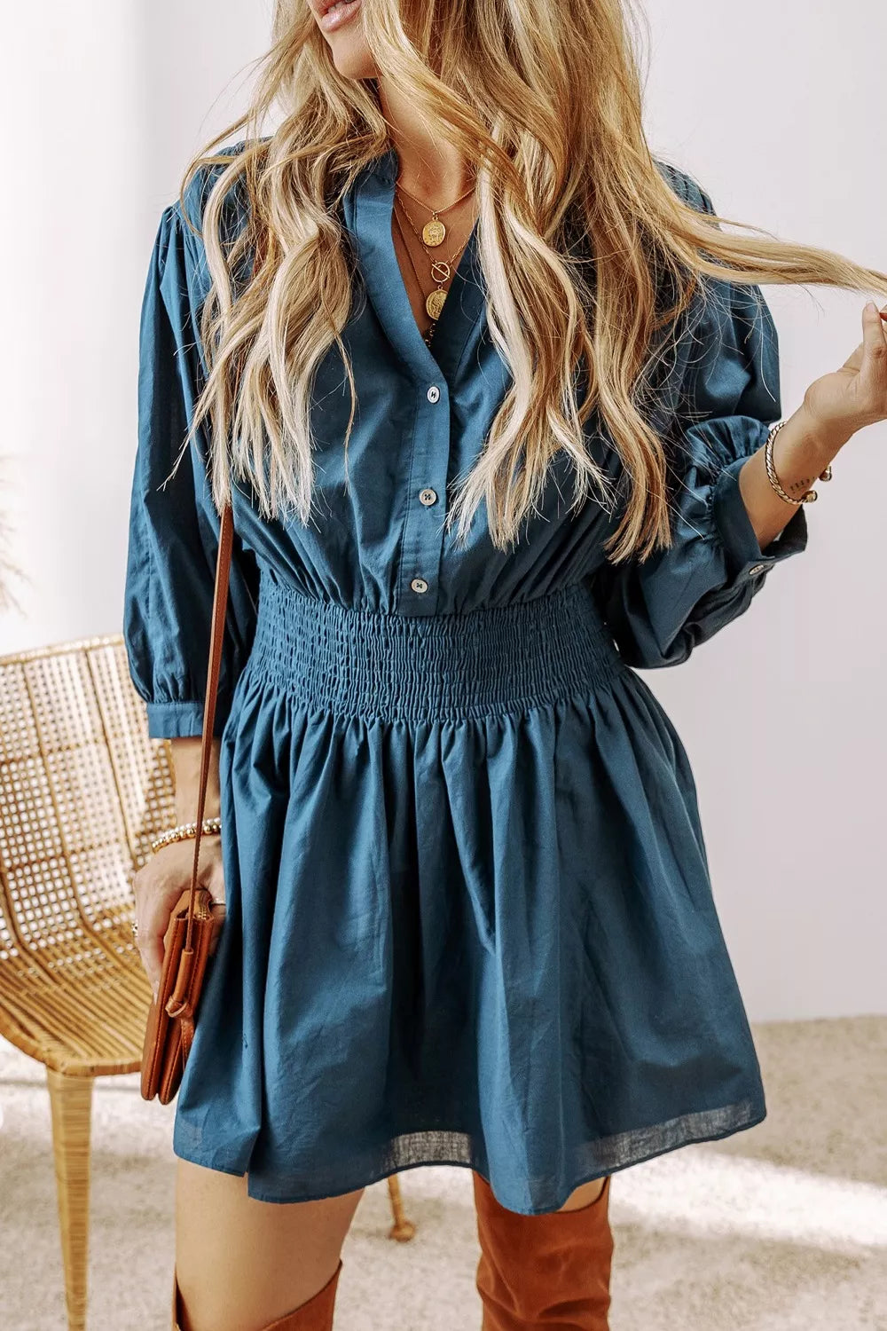 Hazel Blues® |  Smocked Button Front Mini Dress