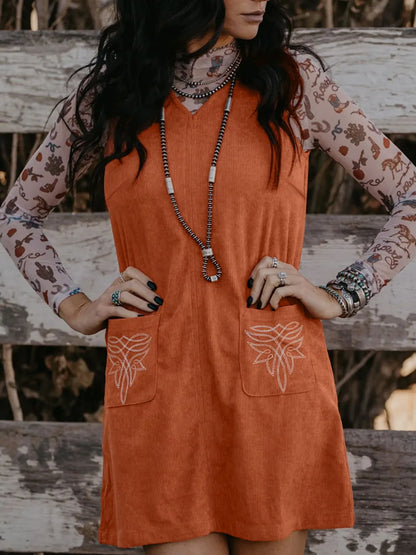 Hazel Blues® |  Corduroy Western Embroidered Patched Pocket Shift Sleeveless Mini Dress
