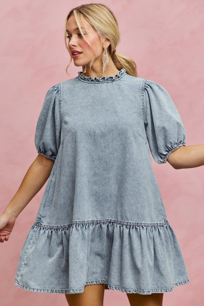 Hazel Blues® |  SO ME Denim Short Sleeves Mini Tiered Dress