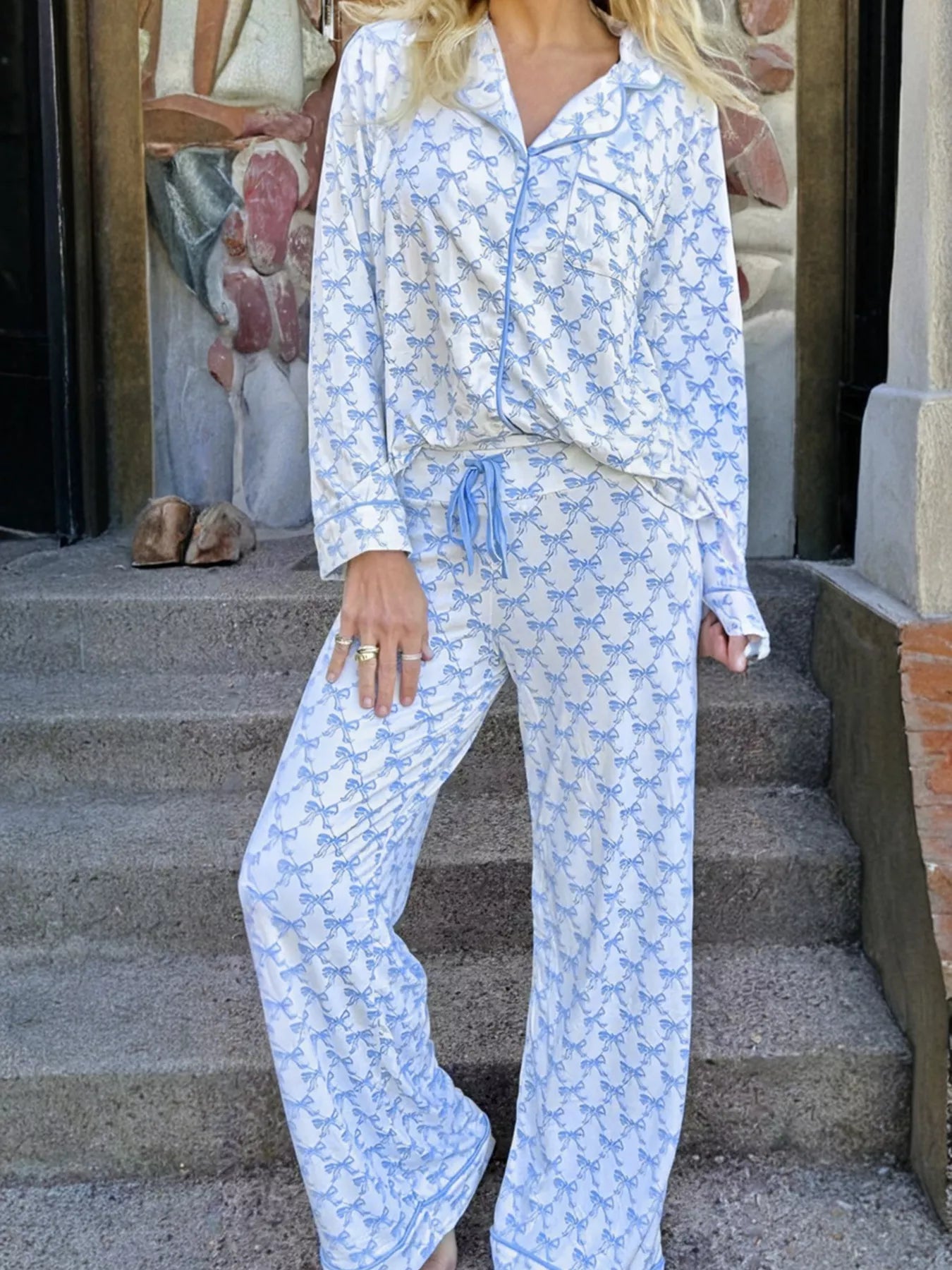 Hazel Blues® |  Bow Print Long Sleeve Shirt and Pants Pajama Set