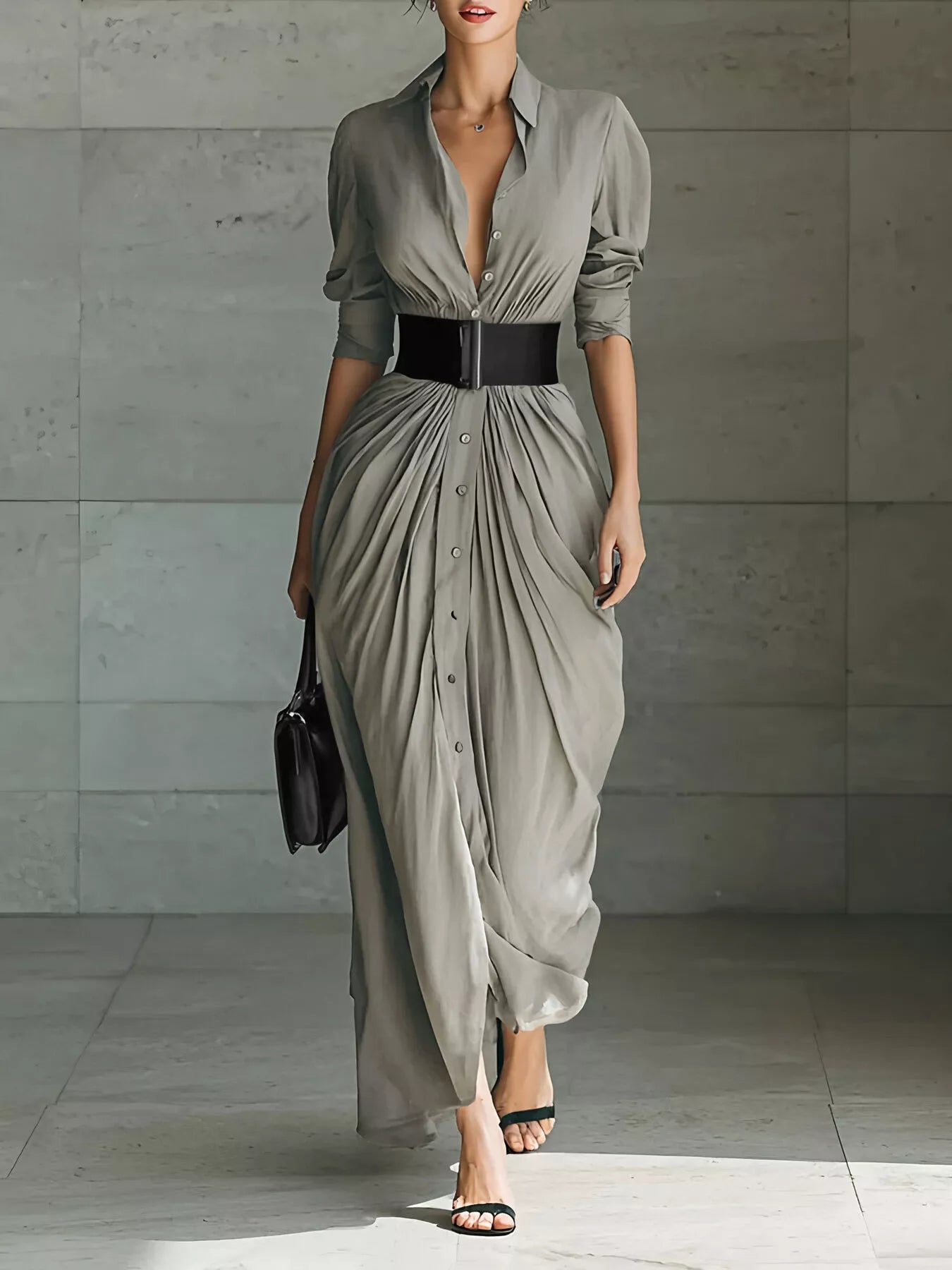 Hazel Blues® | Button Front Ruched Shirt Maxi Dress