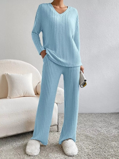 Hazel Blues® |  Ribbed Knit V-Neck Top and Pants Set
