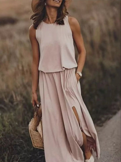 Hazel Blues® | Round Neck Sleeveless Slit Maxi Dress