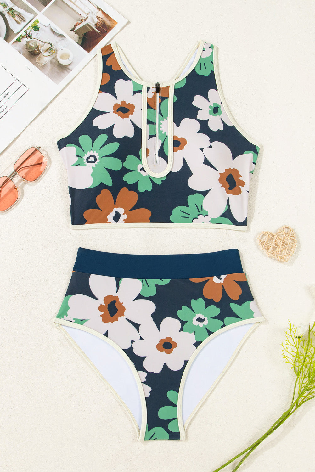 Hazel Blues® | Blue Flower Zip up Racerback High Waisted Bikini