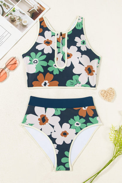 Hazel Blues® | Blue Flower Zip up Racerback High Waisted Bikini