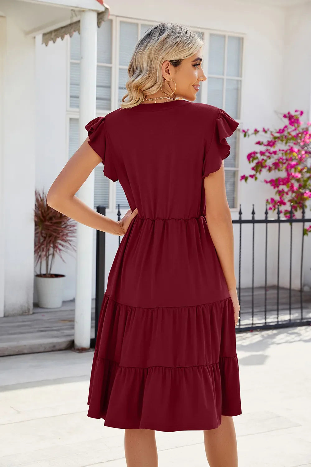 Hazel Blues® |  Ruched Notched Cap Sleeve Dress