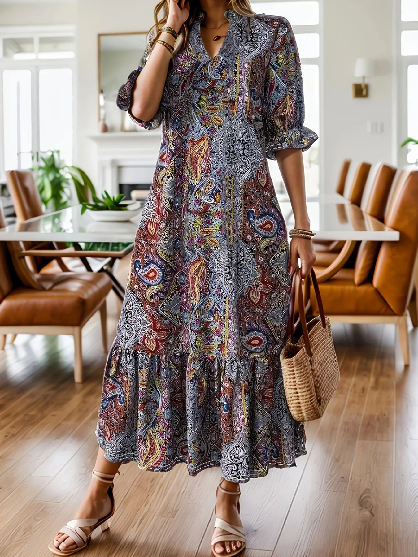 Hazel Blues® | Bohemian Paisley Print Ruffle Hem Midi Dress