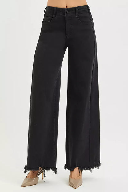 Hazel Blues® |  RISEN Tummy Control High Rise Palazzo Leg Frayed Hem Jeans