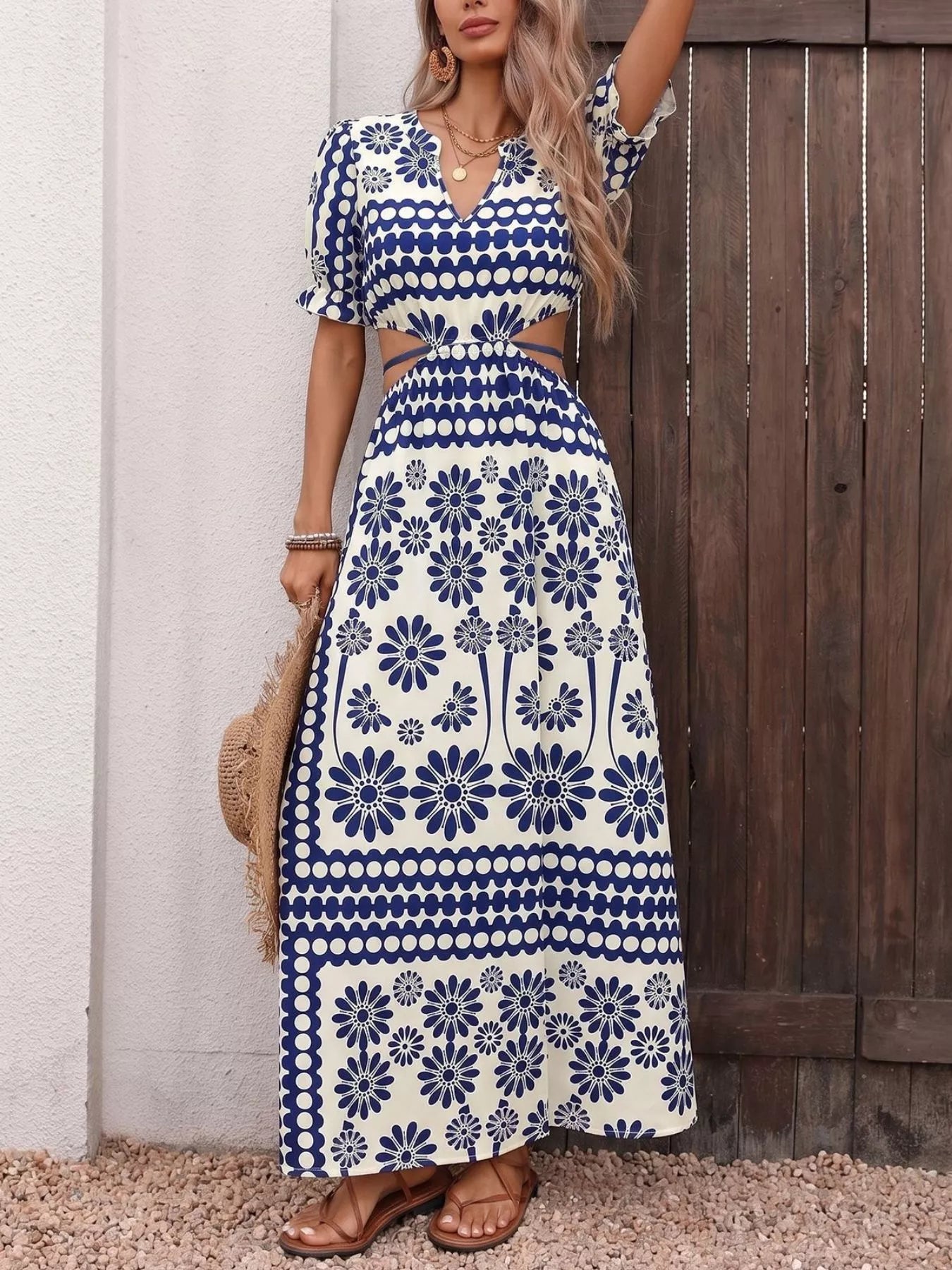 Hazel Blues® |  Floral Print Cutout Waist Maxi Dress