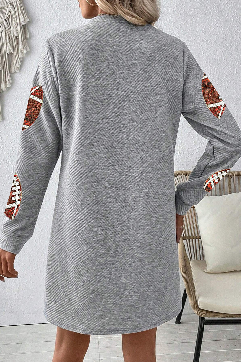Hazel Blues® |  Gray Sequin Football Graphic Textured Long Sleeve Shift Mini Dress