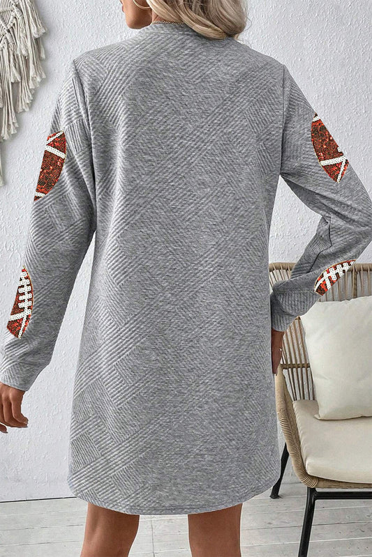 Hazel Blues® |  Gray Sequin Football Graphic Textured Long Sleeve Shift Mini Dress