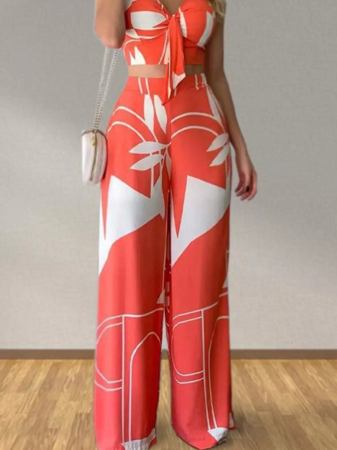 Hazel Blues® |  Tropical Print Spaghetti Strap Crop Top and Wide Leg Pants Set