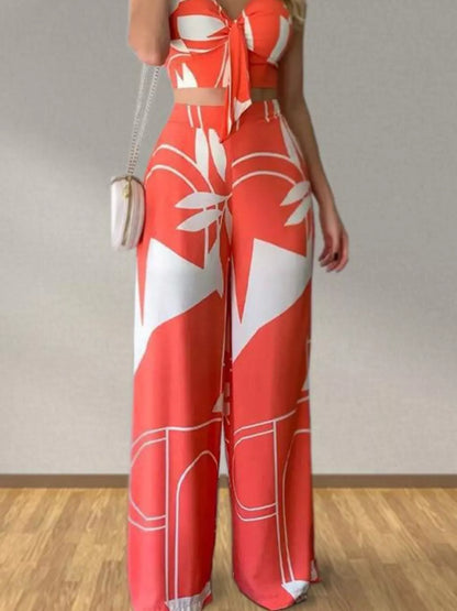 Hazel Blues® |  Tropical Print Spaghetti Strap Crop Top and Wide Leg Pants Set