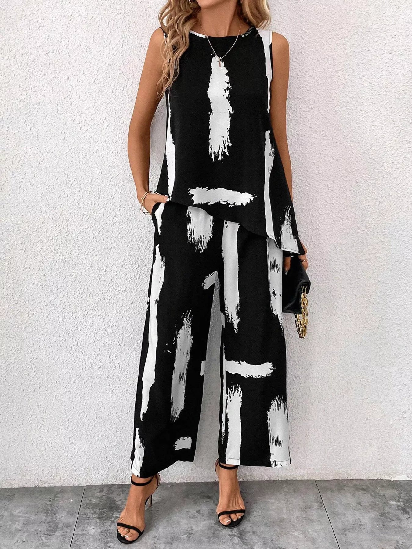 Hazel Blues® |  Abstract Print Sleeveless Top & Wide Leg Pants Set