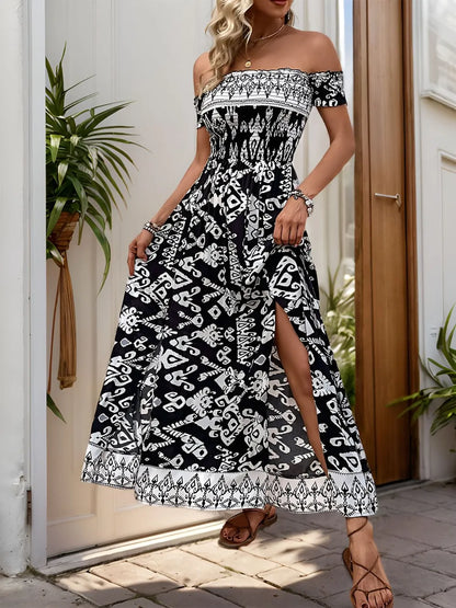 Hazel Blues® |  Perfee Slit Printed Off-Shoulder Dress