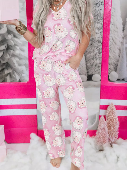 Hazel Blues® |  Santa Claus Print V Neck Tee Drawstring Pants 2pcs Lounge Set
