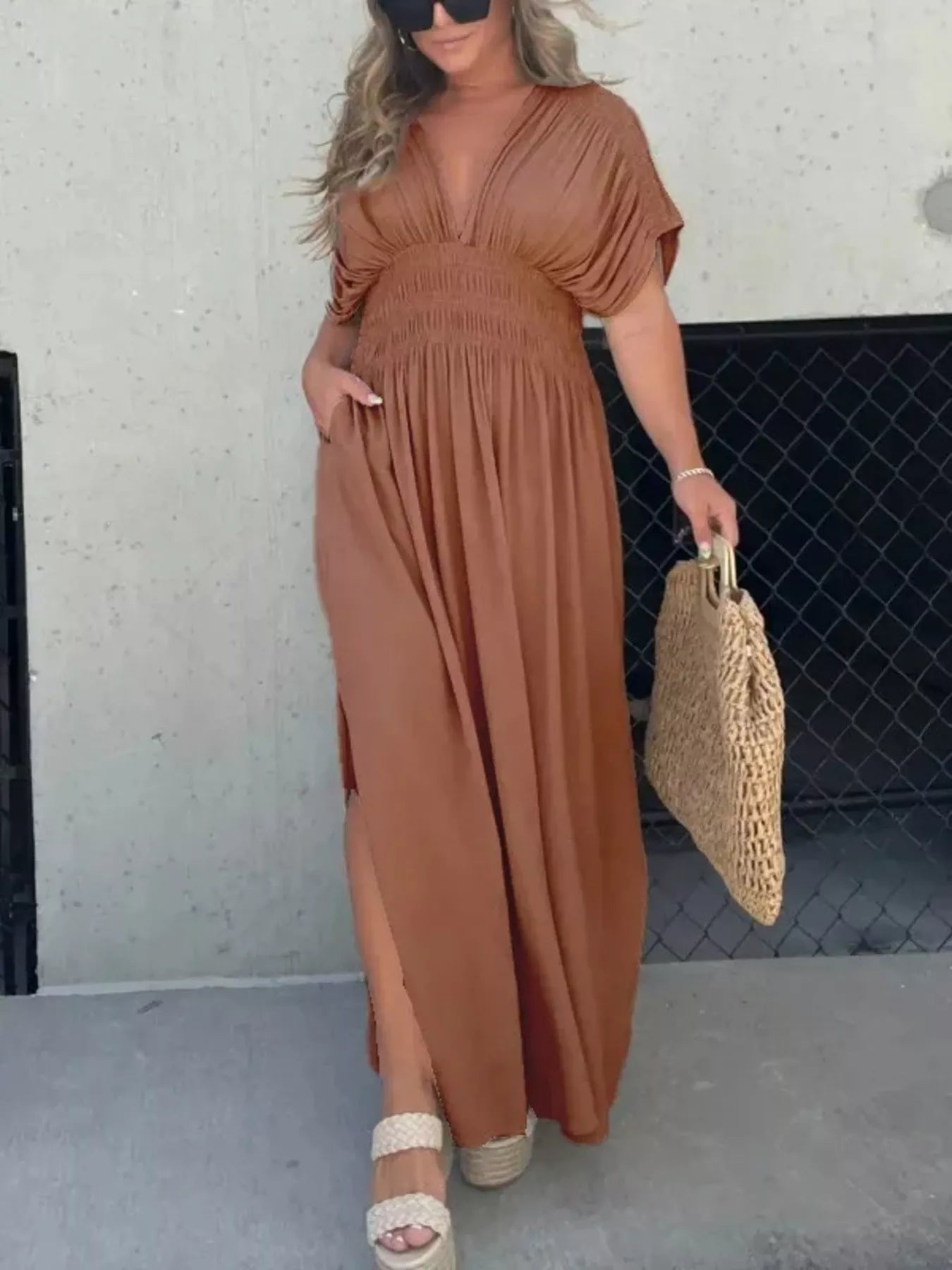 Hazel Blues® | Slit V-Neck Smocked Waist Maxi Dress