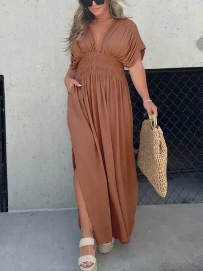 Hazel Blues® | Slit V-Neck Smocked Waist Maxi Dress