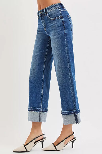 Hazel Blues® |  RISEN Mid Rise Ankle Straight Jeans with Cuffed Hem