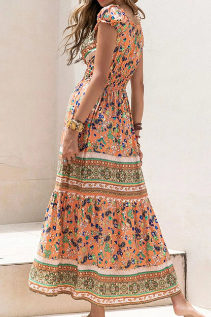 Hazel Blues® |  Smocked Printed V-Neck Cap Sleeve Dress